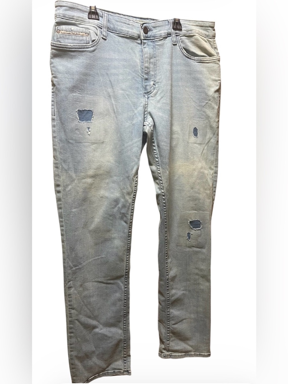CALVIN KLEIN SLIM STRAIGHT DISTRESSED JEANS MEN PATCHED LIGHT BLUE COLOR 33X32 *